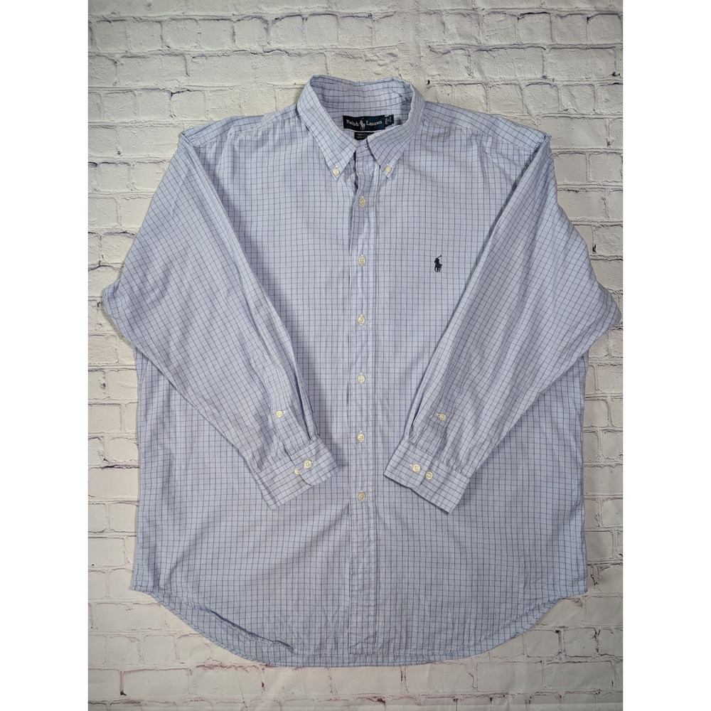 Ralph Lauren Yarmouth Shirt Mens 17 32/33 Cotton Blue Check Button Down Long Slv